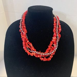 Coral rough beads with silver chain bead necklace